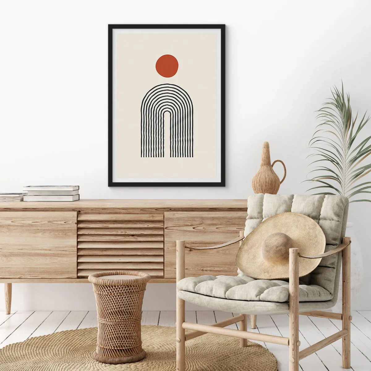 Poszter fehér keretben - Geometriai absztrakció lineáris ívvel és piros körrel. - 50x70cm - Formák és színek vonzalma - Modern fali dekoráció nappalihoz és hálószobához ARTTOR