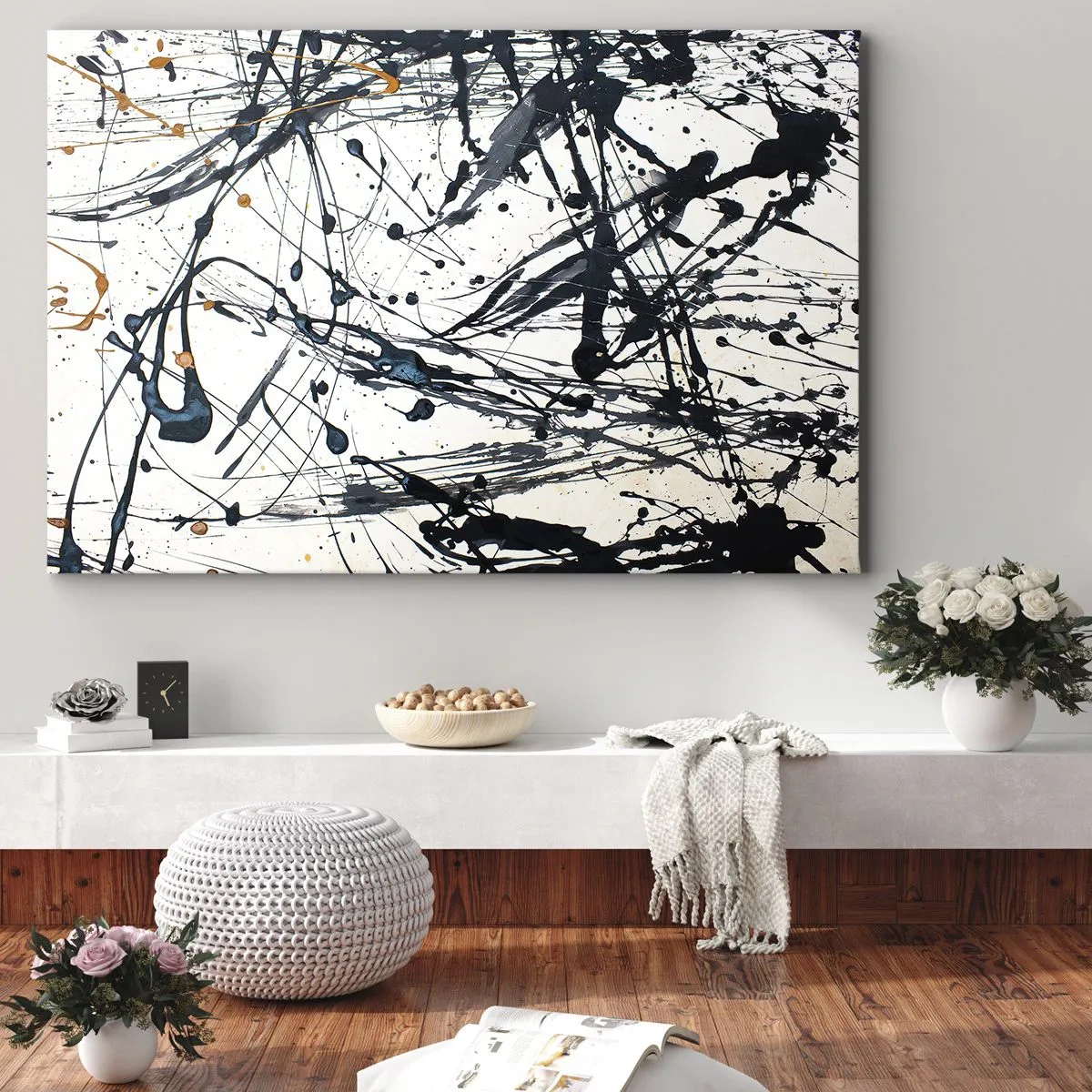 Vászonkép - Egy absztrakt festmény dinamikus mintázatú festékfoltokkal. - 70x50cm - Expresszionista absztrakció - Modern fali dekoráció nappalihoz és hálószobához ARTTOR