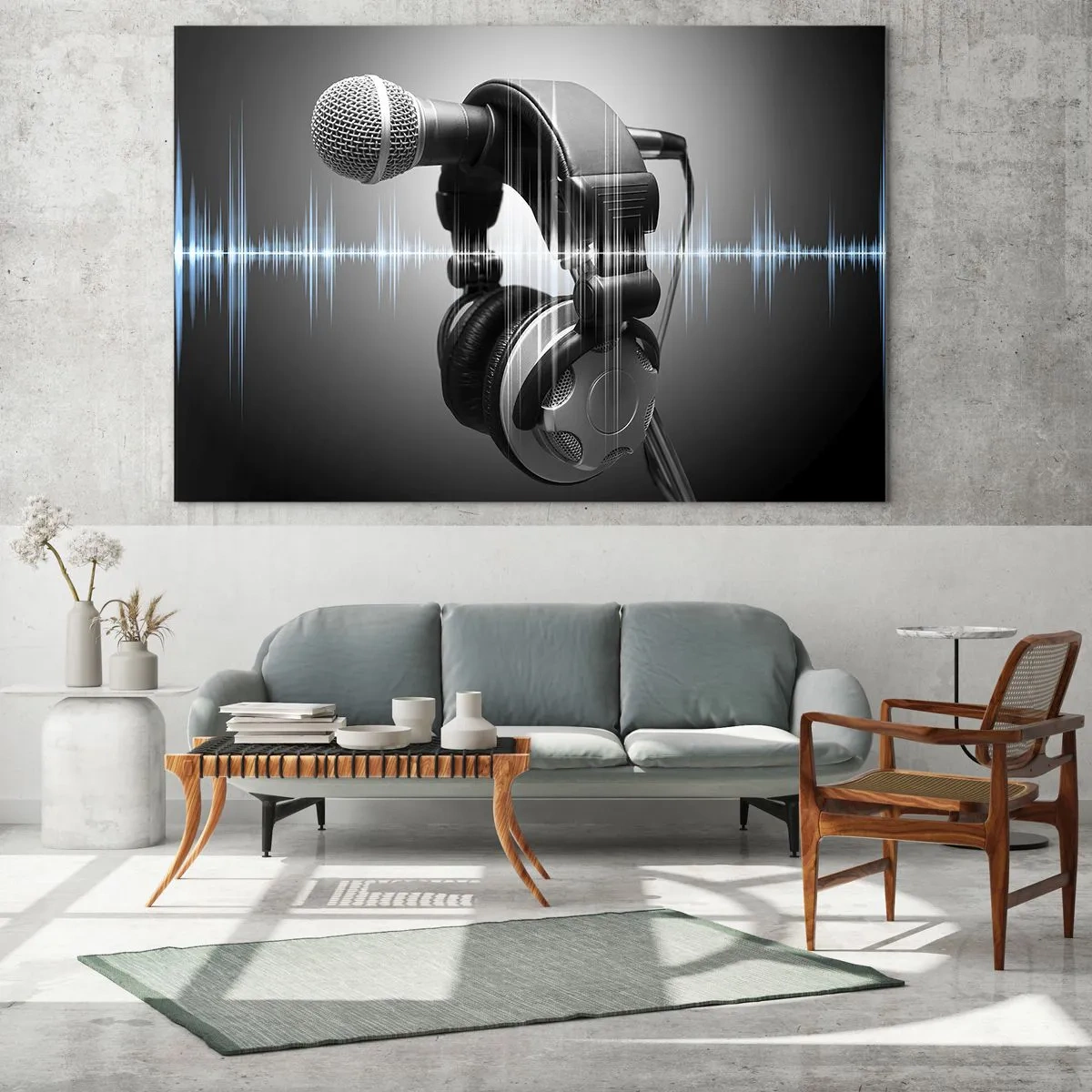 Üveg kép - Mikrofon fejhallgatóval a hanghullámok hátterében - 70x50cm - Még mindig hallani az éneket - Modern fali dekoráció nappalihoz és hálószobához ARTTOR
