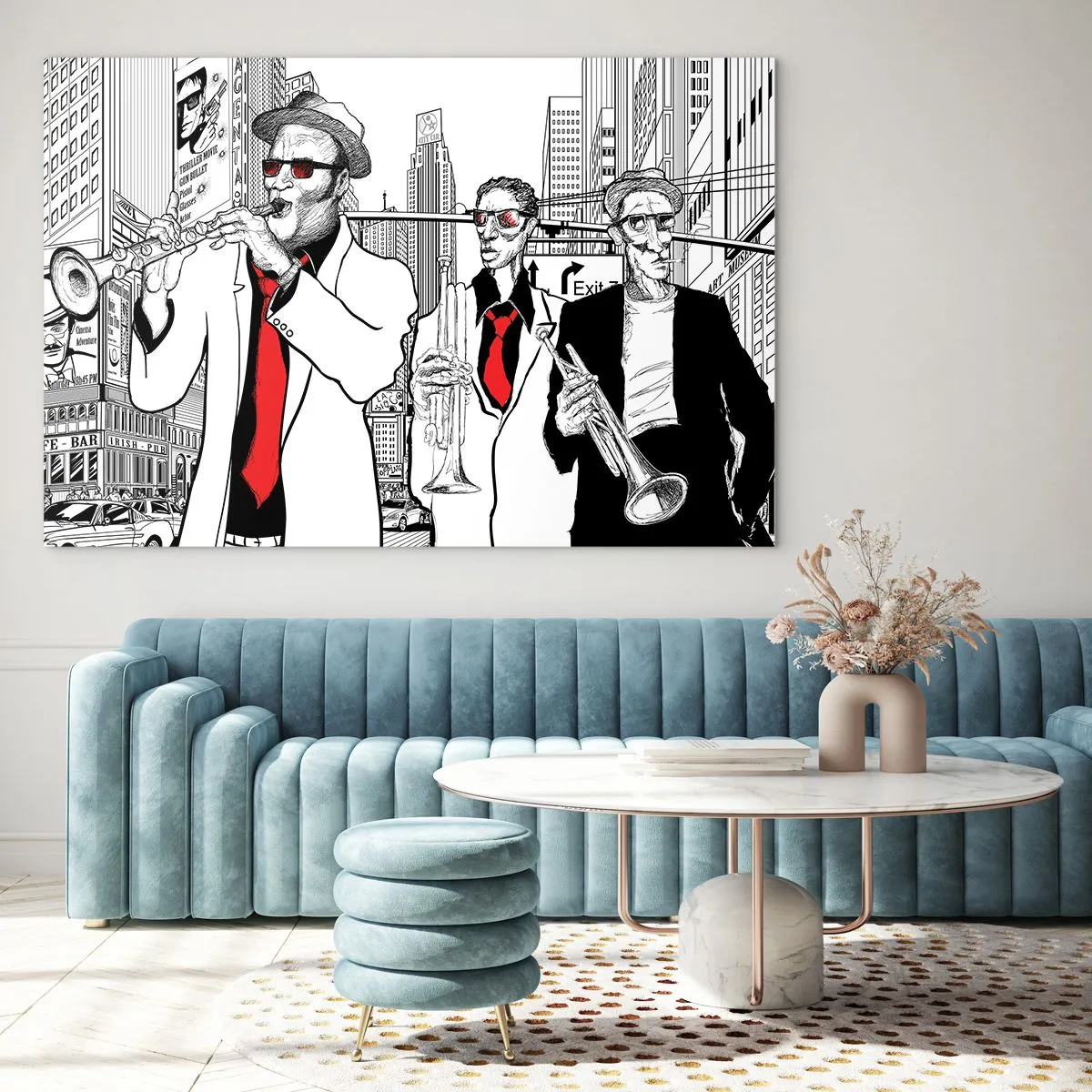 Üveg kép - Egy modern grafikai stílusban játszó jazz utcai zenekar. - 70x50cm - Városi rapszódia fekete-piros színben - Modern fali dekoráció nappalihoz és hálószobához ARTTOR