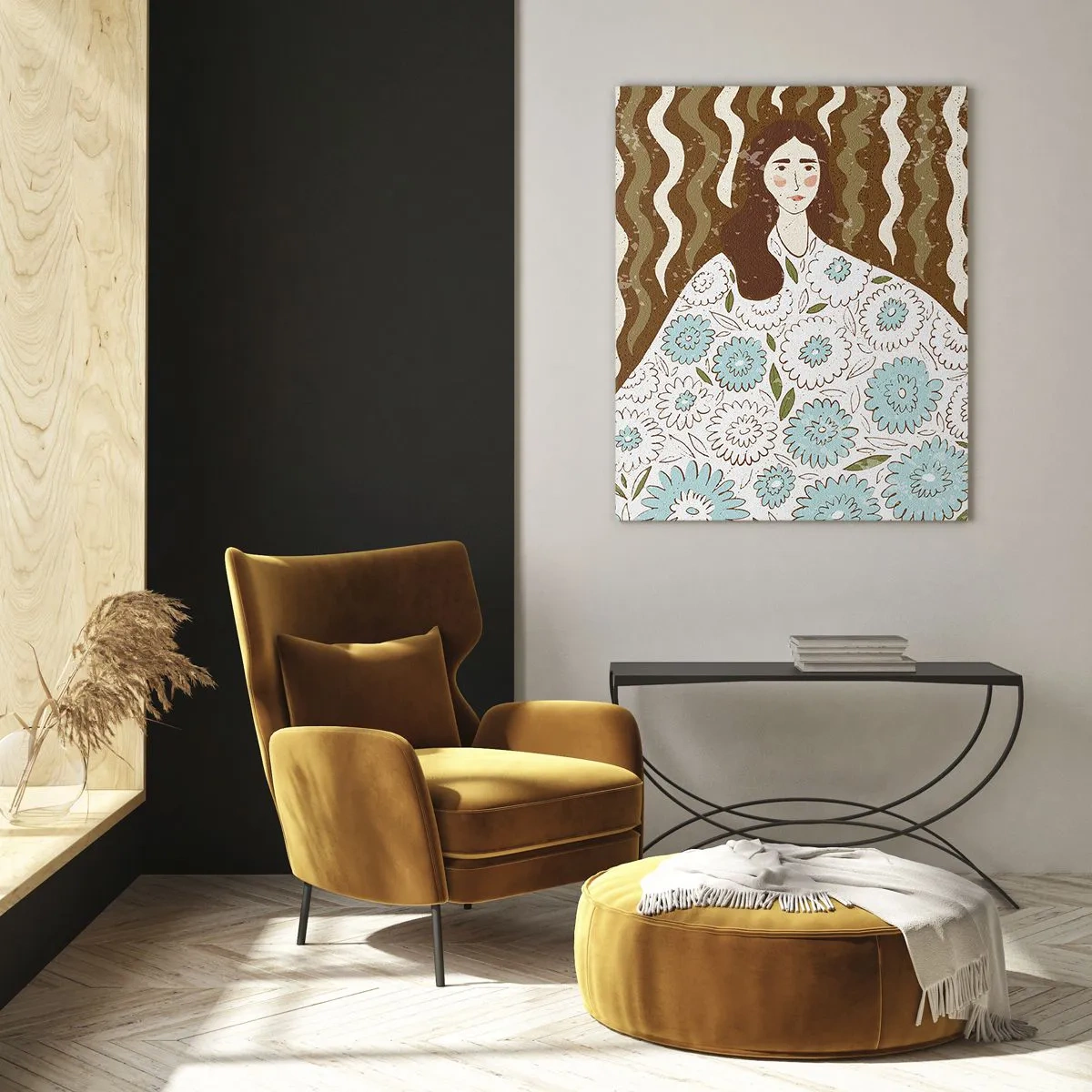 Üveg kép - Portré virágos köntösben - 80x120 cm