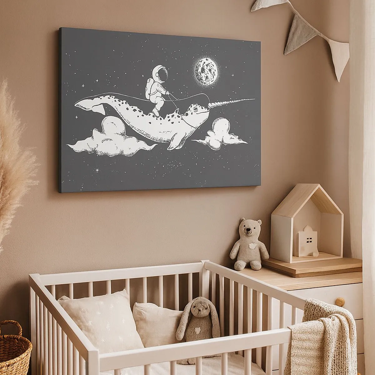 Vászonkép - Egy űrhajós egy narvál hátán lebeg egy űrjelenetben. - 70x50cm - Űrlovas - Modern fali dekoráció nappalihoz és hálószobához ARTTOR