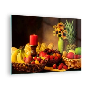 Üveg kép - Gyümölcs, kenyér és gyertya kompozíció rusztikus stílusban - 70x50cm - Csendélet kenyérrel és gyümölccsel - Modern fali dekoráció nappalihoz és hálószobához ARTTOR
