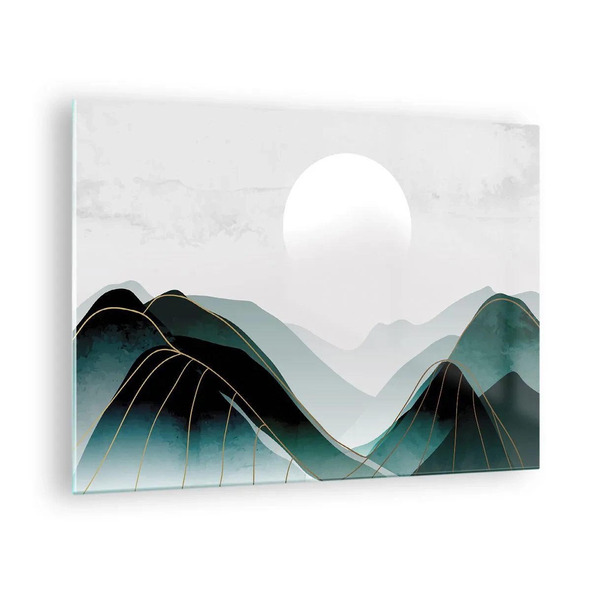 Üveg kép - Hegyi táj fehér nappal és arany vonalakkal - 70x50cm - Teljes fenségben - Modern fali dekoráció nappalihoz és hálószobához ARTTOR