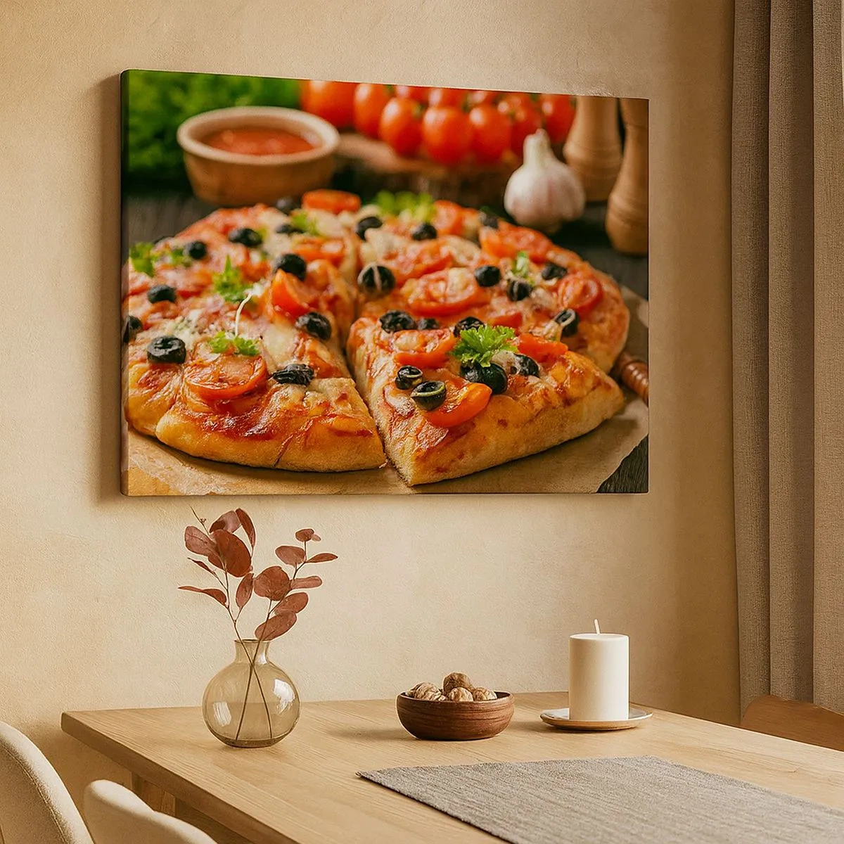 Vászonkép - Pizza paradicsommal, olajbogyóval és friss fűszernövényekkel az asztalon - 70x50cm - Ismét megúsztad - Modern fali dekoráció nappalihoz és hálószobához ARTTOR