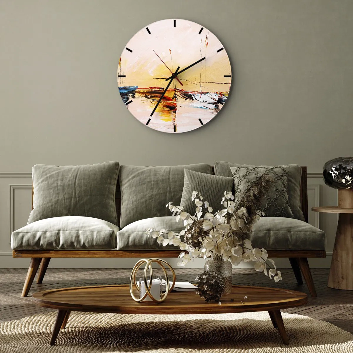 Falióra, Óra - Vitorláshajók egy festői kikötőben naplementekor - 30x30cm - Egy este a kikötőben - Modern fali dekoráció nappalihoz, konyhához és hálószobához ARTTOR