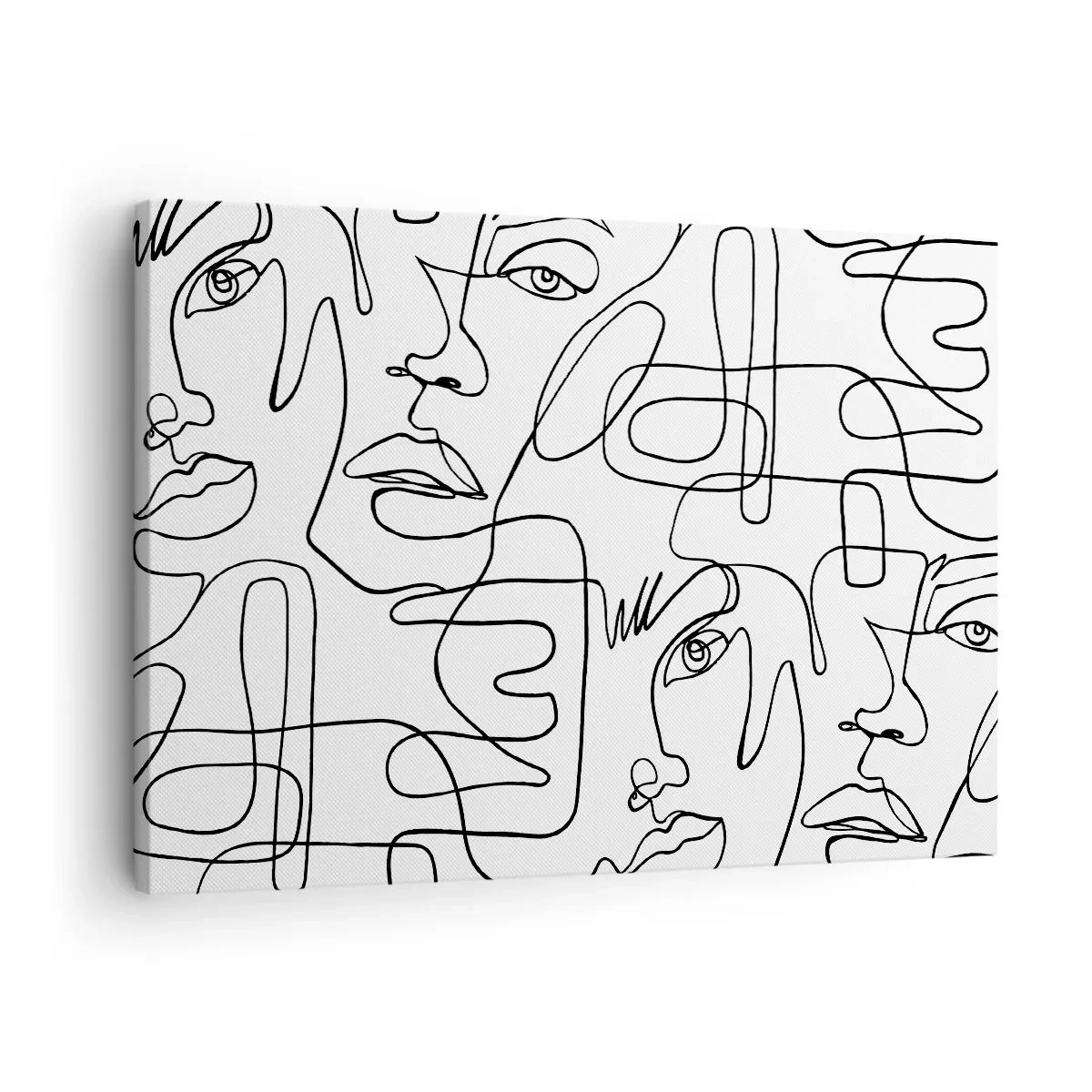 Vászonkép - Egy minimalista rajz egy arcról, vonalakkal világos háttér előtt. - 70x50cm - Összegabalyodott érzelmekben - Modern fali dekoráció nappalihoz és hálószobához ARTTOR