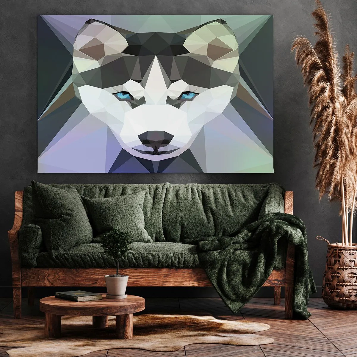 Vászonkép - Geometrikus farkas kifejező kék szemekkel - 70x50cm - Az északi havas emléke - Modern fali dekoráció nappalihoz és hálószobához ARTTOR