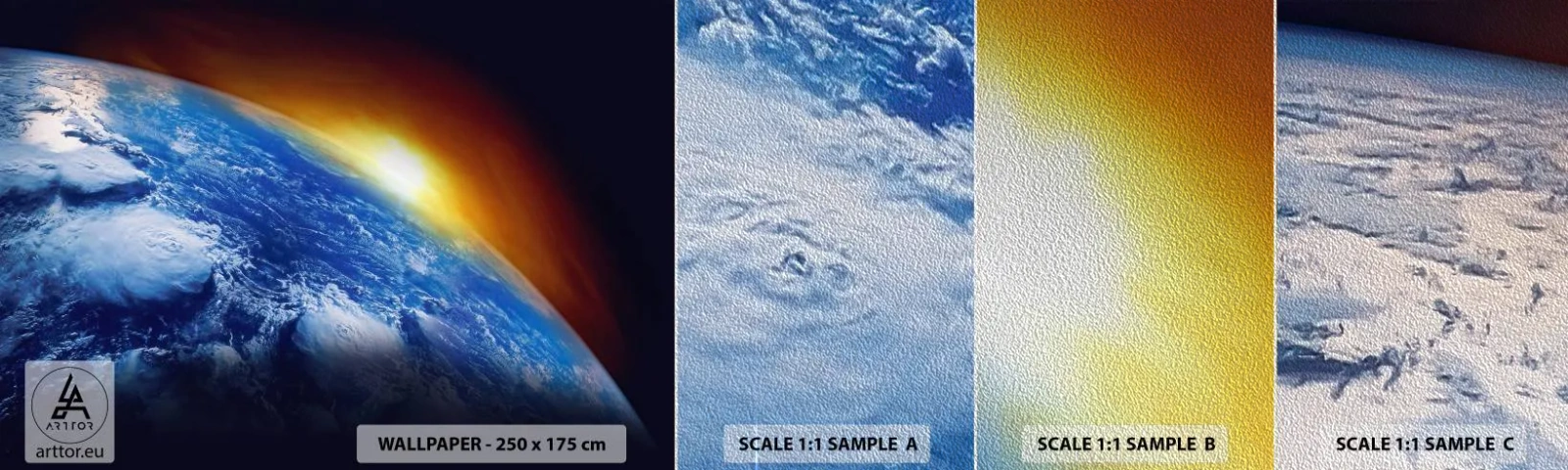 Fotótapéta Minta Premium Sand - Napkelte a kék bolygó felett - Absztrakció, 3D, Világegyetem - 100x30 cm