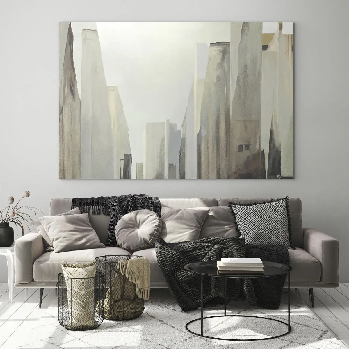 Üveg kép - Városi épületek absztrakt víziója visszafogott színpalettán - 70x50cm - Álom a városról - Modern fali dekoráció nappalihoz és hálószobához ARTTOR