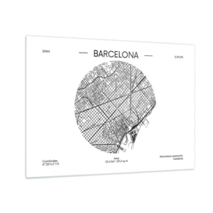 Üveg kép - Barcelona minimalista térképe fekete-fehér esztétikában - 70x50cm - Barcelona anatómiája - Modern fali dekoráció nappalihoz és hálószobához ARTTOR