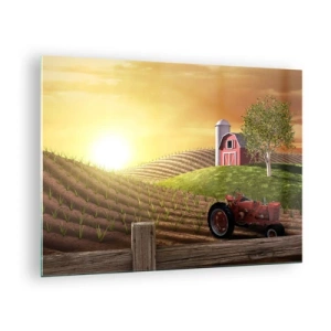 Üveg kép - Naplemente egy farm felett, egy mezővel és egy traktorral - 70x50cm - Tanya, mint a meséből - Modern fali dekoráció nappalihoz és hálószobához ARTTOR