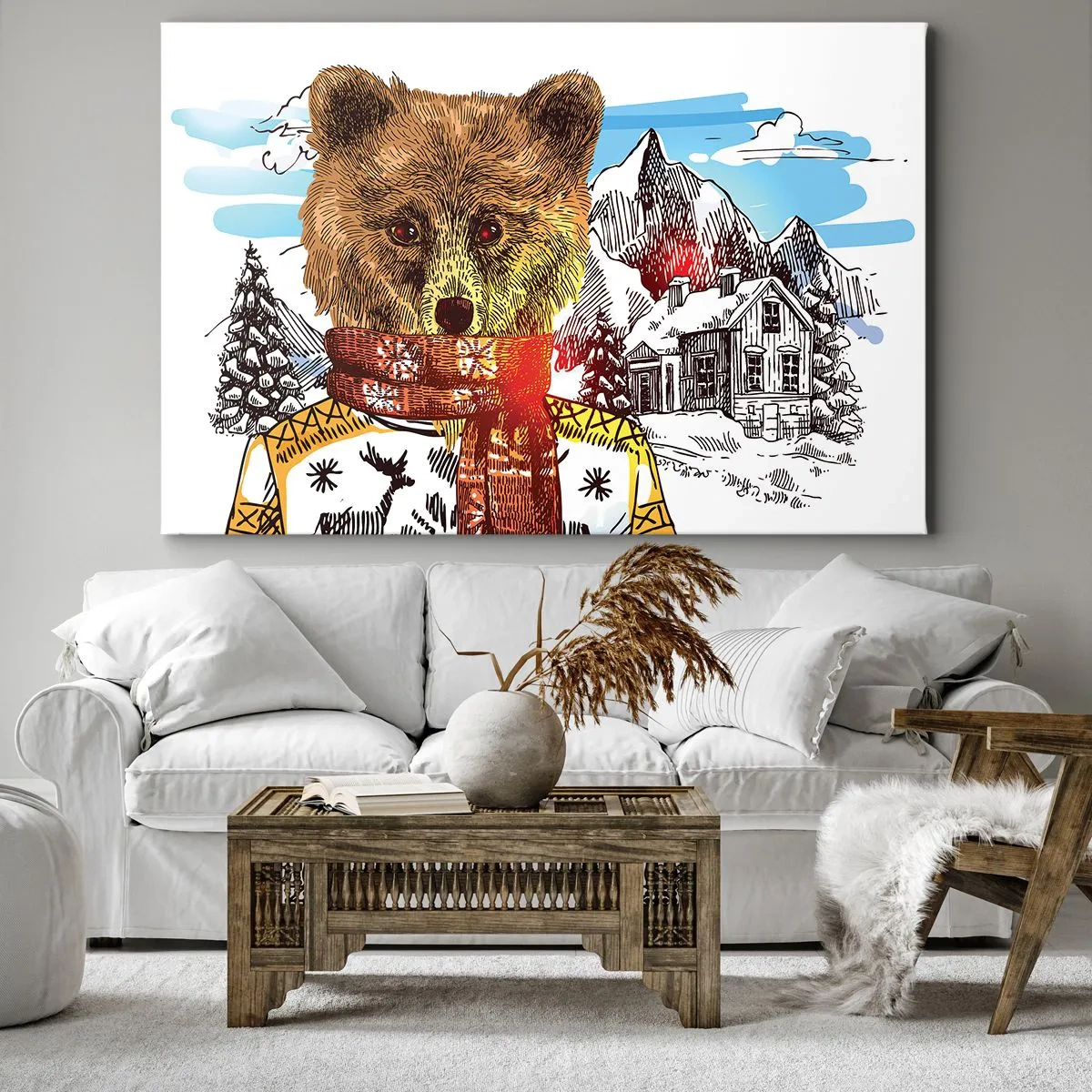 Vászonkép - Egy pulóveres és sálas medve, a háttérben egy hegyi házzal - 70x50cm - A medvekunyhó - Modern fali dekoráció nappalihoz és hálószobához ARTTOR