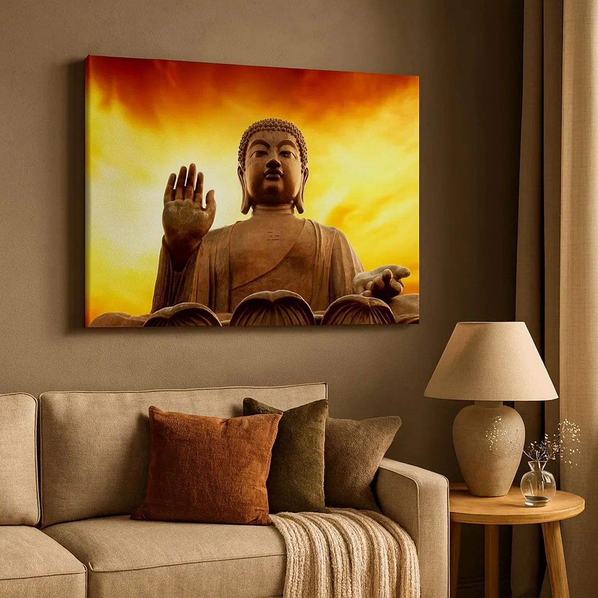 Vászonkép - Egy Buddha-szobor az aranyló naplemente előtt - 70x50cm - A világ békéje - Modern fali dekoráció nappalihoz és hálószobához ARTTOR