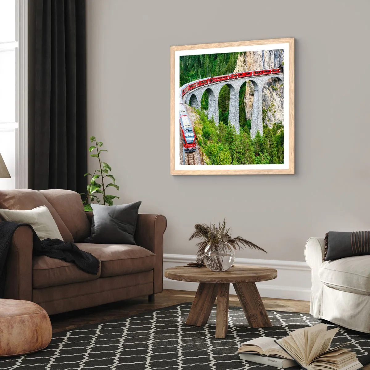 Poszter világos tölgy keretben - Vasút hegyi kilátással - 40x40 cm