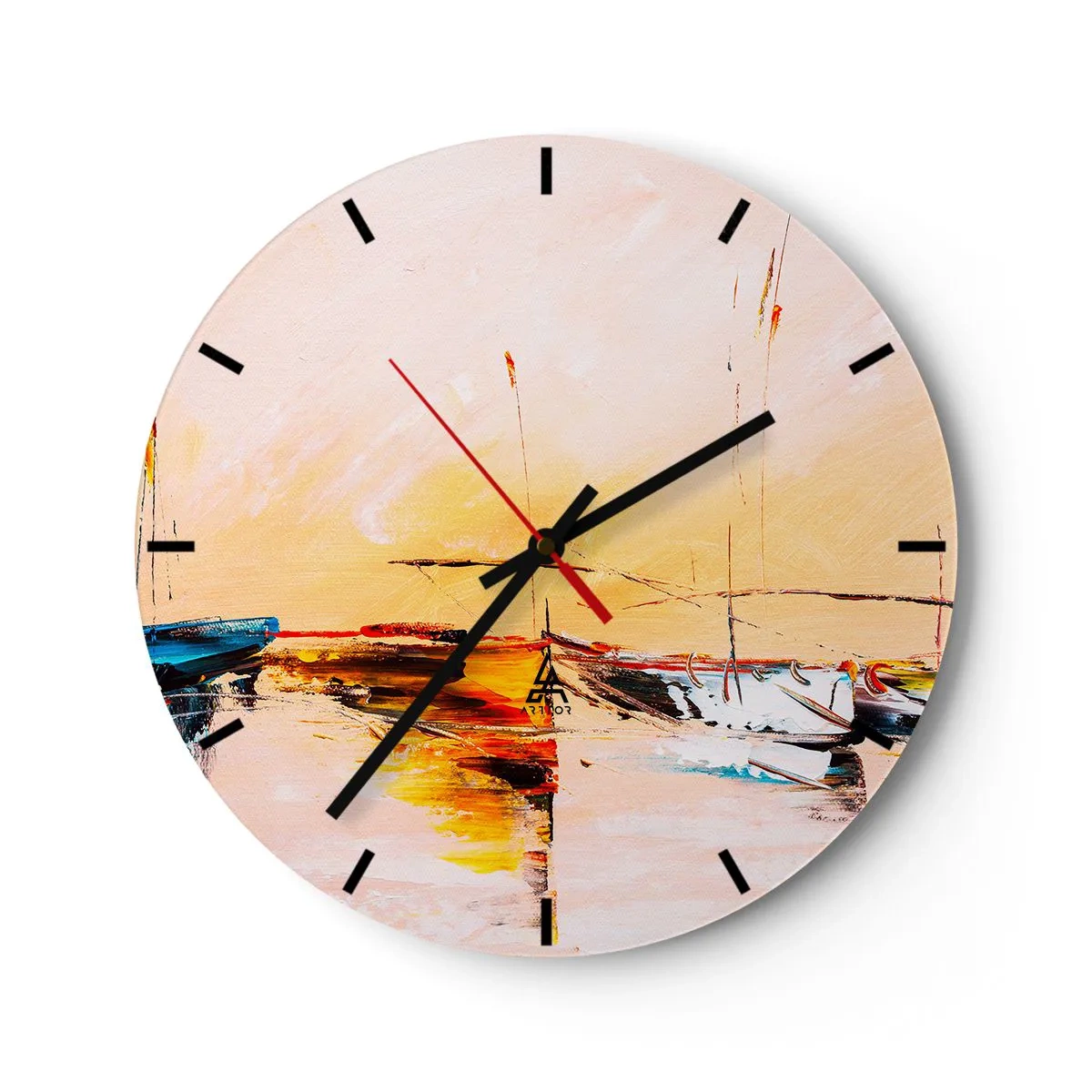 Falióra, Óra - Vitorláshajók egy festői kikötőben naplementekor - 30x30cm - Egy este a kikötőben - Modern fali dekoráció nappalihoz, konyhához és hálószobához ARTTOR