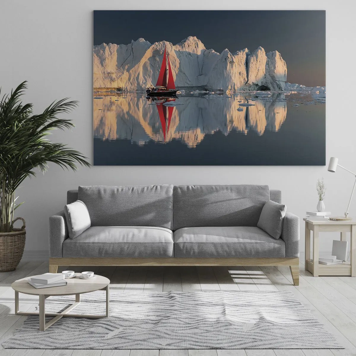 Üveg kép - Egy piros vitorlás vitorlás a jéghegyek közelében naplementekor - 70x50cm - A világ peremén - Modern fali dekoráció nappalihoz és hálószobához ARTTOR