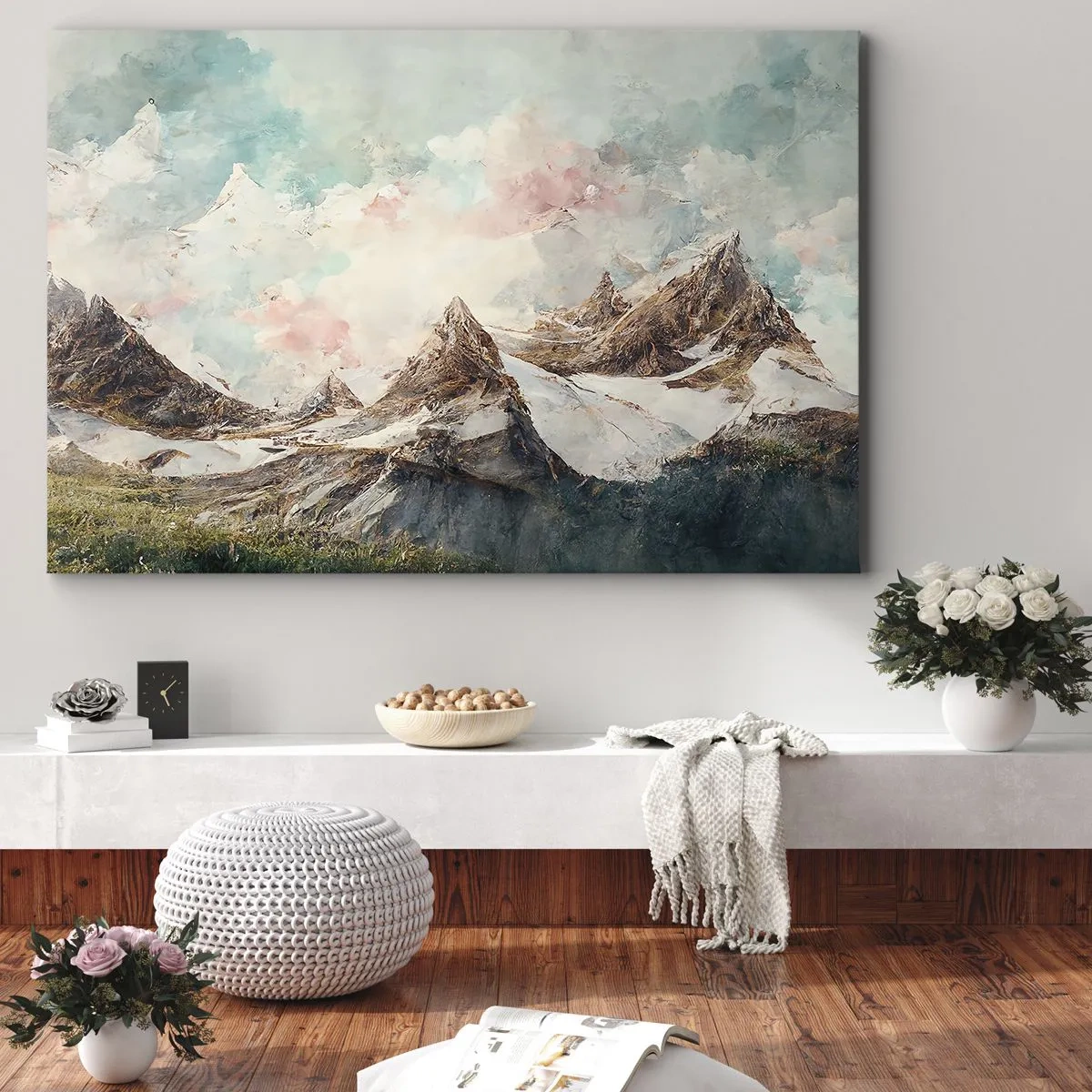Vászonkép - Festői hegyek pasztellszínű égbolttal - 70x50cm - Sziklás pengék - Modern fali dekoráció nappalihoz és hálószobához ARTTOR