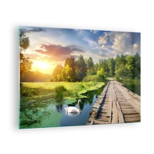 Üveg kép - Fából készült móló egy tó felett, egy hattyúval naplementekor - 70x50cm - Nyár, mindenhol nyár - Modern fali dekoráció nappalihoz és hálószobához ARTTOR