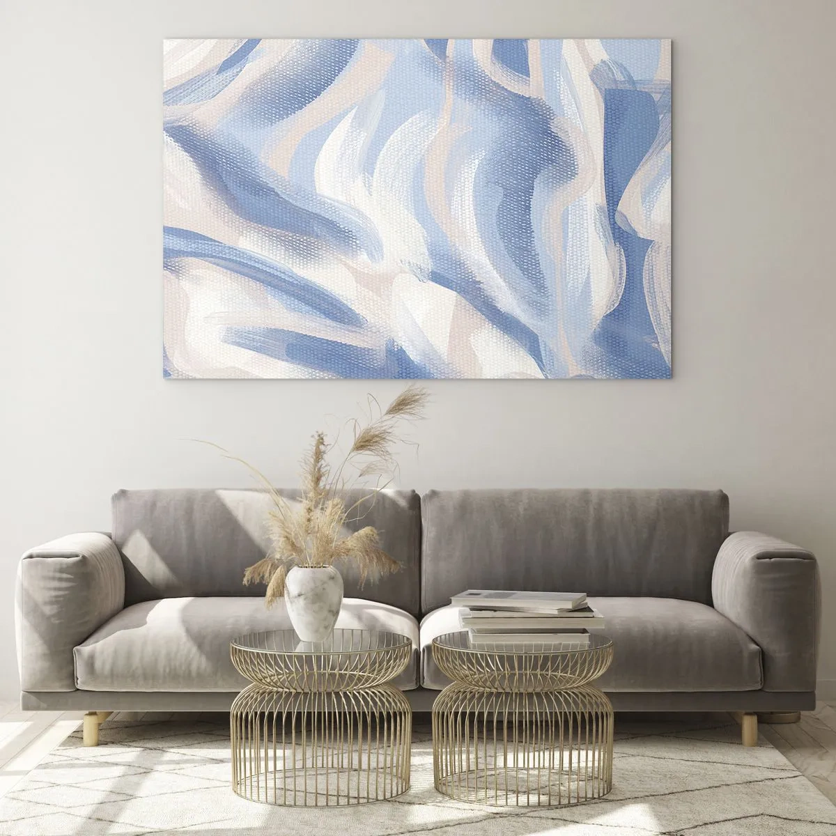 Üveg kép - Absztrakt kék, fehér és bézs színű ecsetvonások hullámos formában - 70x50cm - Kék fodrok - Modern fali dekoráció nappalihoz és hálószobához ARTTOR