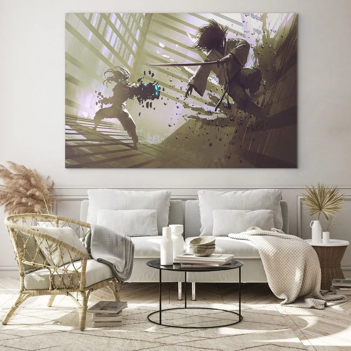Üveg kép - Szamuráj párbaj egy dinamikus jelenetben - 70x50cm - Te is lehetsz szamuráj - Modern fali dekoráció nappalihoz és hálószobához ARTTOR