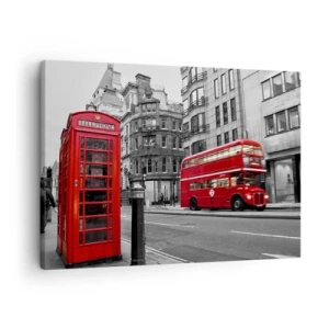 Vászonkép - Egy piros telefonfülke és egy emeletes busz Londonban, a háttérben a várossal - 70x50cm - Legpirosabb az Európában - Modern fali dekoráció nappalihoz és hálószobához ARTTOR