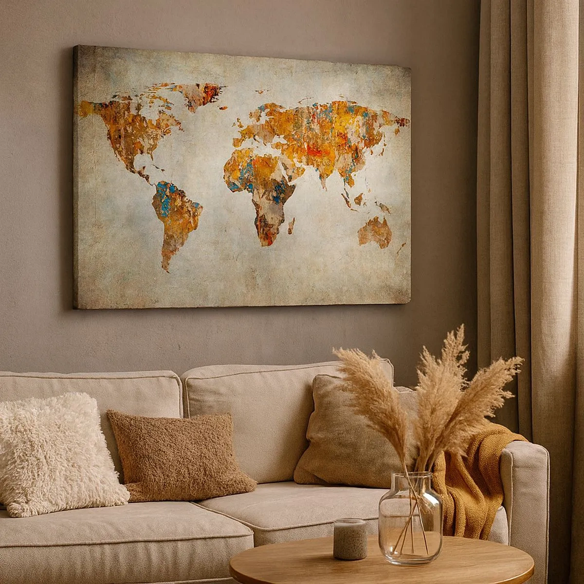 Vászonkép - Vintage világtérkép színes díszítésekkel - 70x50cm - Egy igazán nagy világ - Modern fali dekoráció nappalihoz és hálószobához ARTTOR