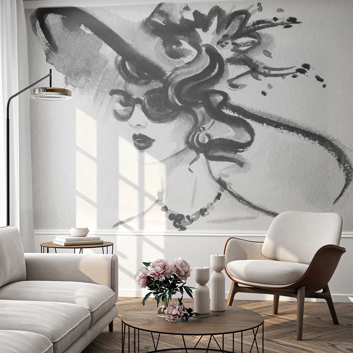 Fotótapéta Premium Canvas - Karakteres hölgy - Nő Kalapban, Női Arc, Fekete és fehér - 450x315 cm