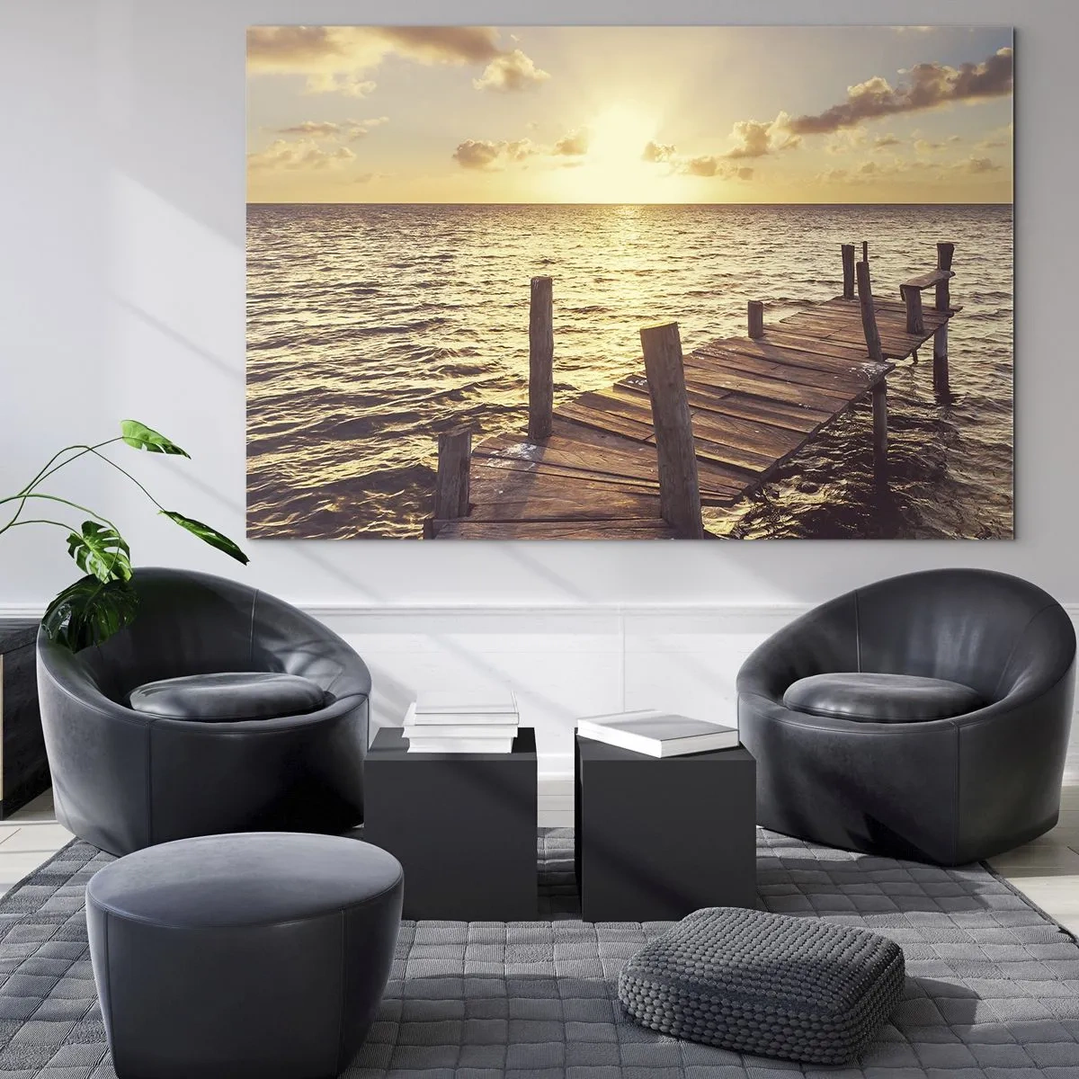 Üveg kép - Egy fából készült móló a lenyugvó nap hátterében - 70x50cm - A szelídség aranyföldje - Modern fali dekoráció nappalihoz és hálószobához ARTTOR
