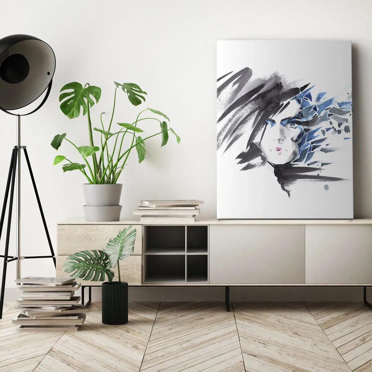 Vászonkép - Érzéki portré szürkében és kékben - 55x100 cm