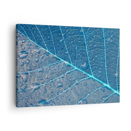 Vászonkép - Egy kék árnyalatú levél vízcseppekkel - 70x50cm - Az élet kékben - Modern fali dekoráció nappalihoz és hálószobához ARTTOR