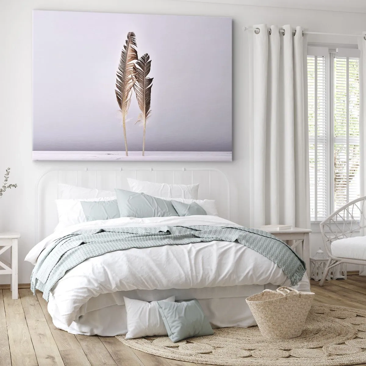 Vászonkép - Finom tollak világos háttéren, minimalista stílusban - 70x50cm - A semmi ellen - Modern fali dekoráció nappalihoz és hálószobához ARTTOR