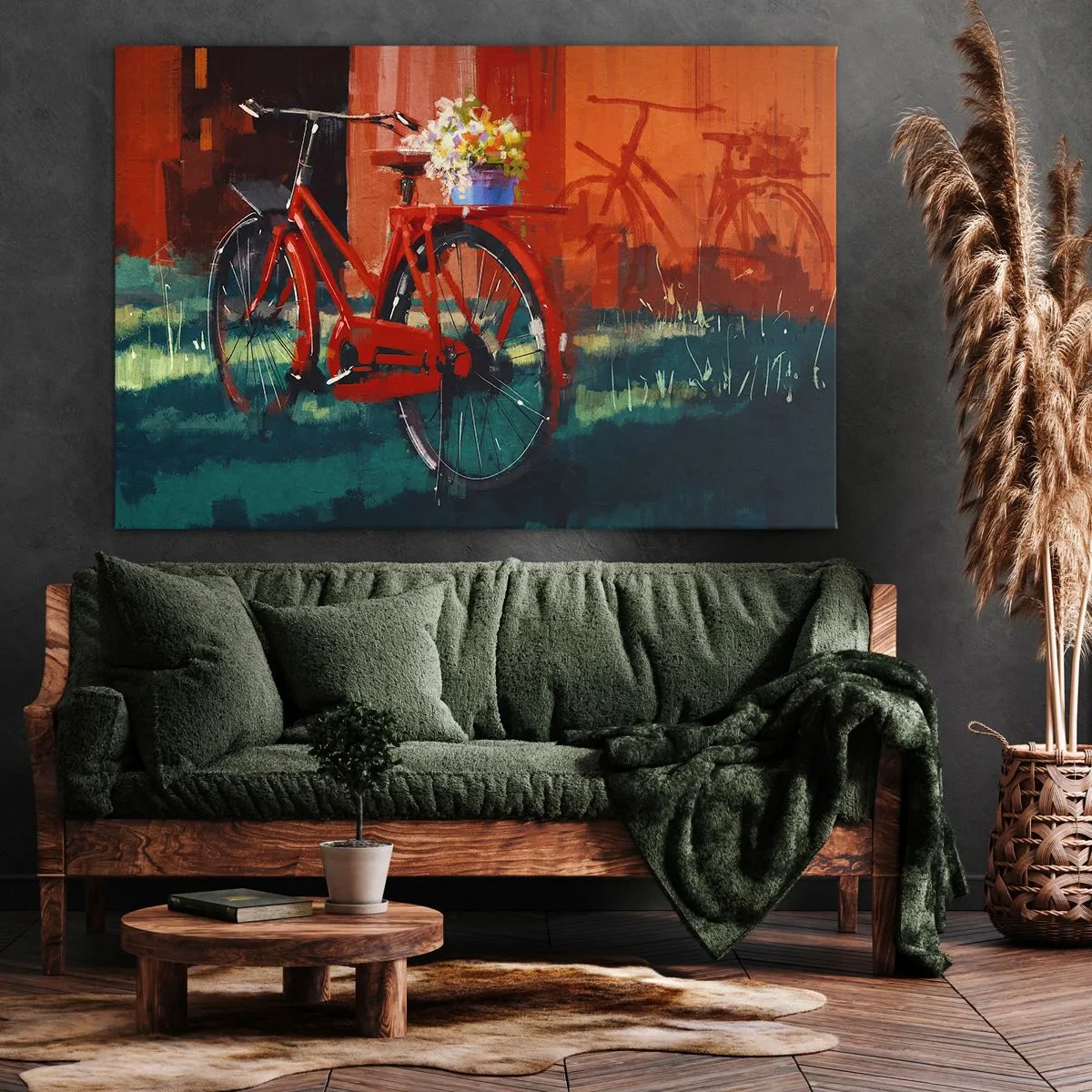 Vászonkép - Egy piros bicikli virágokkal egy narancssárga fal előtt - 70x50cm - I want to ride my bicycle - Modern fali dekoráció nappalihoz és hálószobához ARTTOR