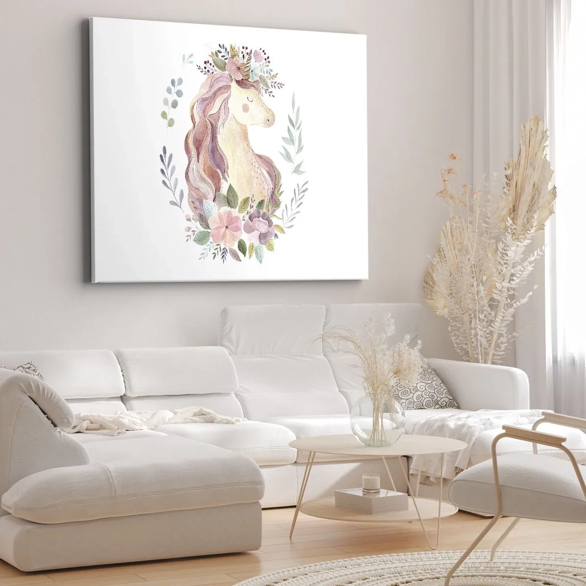 Vászonkép - Pasztellszínű unikornis virágokkal körülvéve - 70x50cm - Meghívás a tündérmesék világába - Modern fali dekoráció nappalihoz és hálószobához ARTTOR