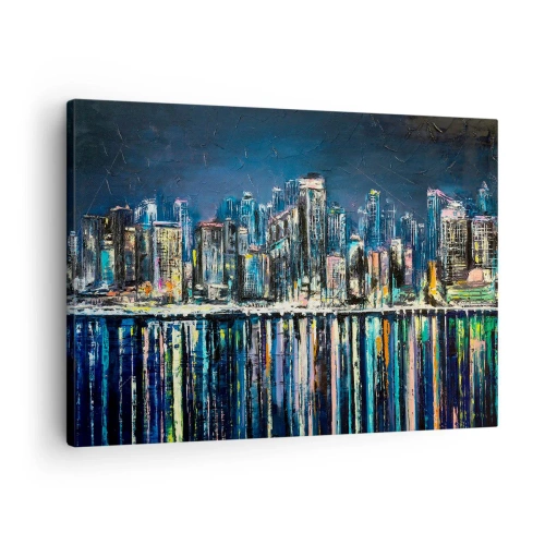 Vászonkép - Az éjszakai város panorámája tükröződik a vízben - 70x50cm - Lámpák kaszkádja - Modern fali dekoráció nappalihoz és hálószobához ARTTOR