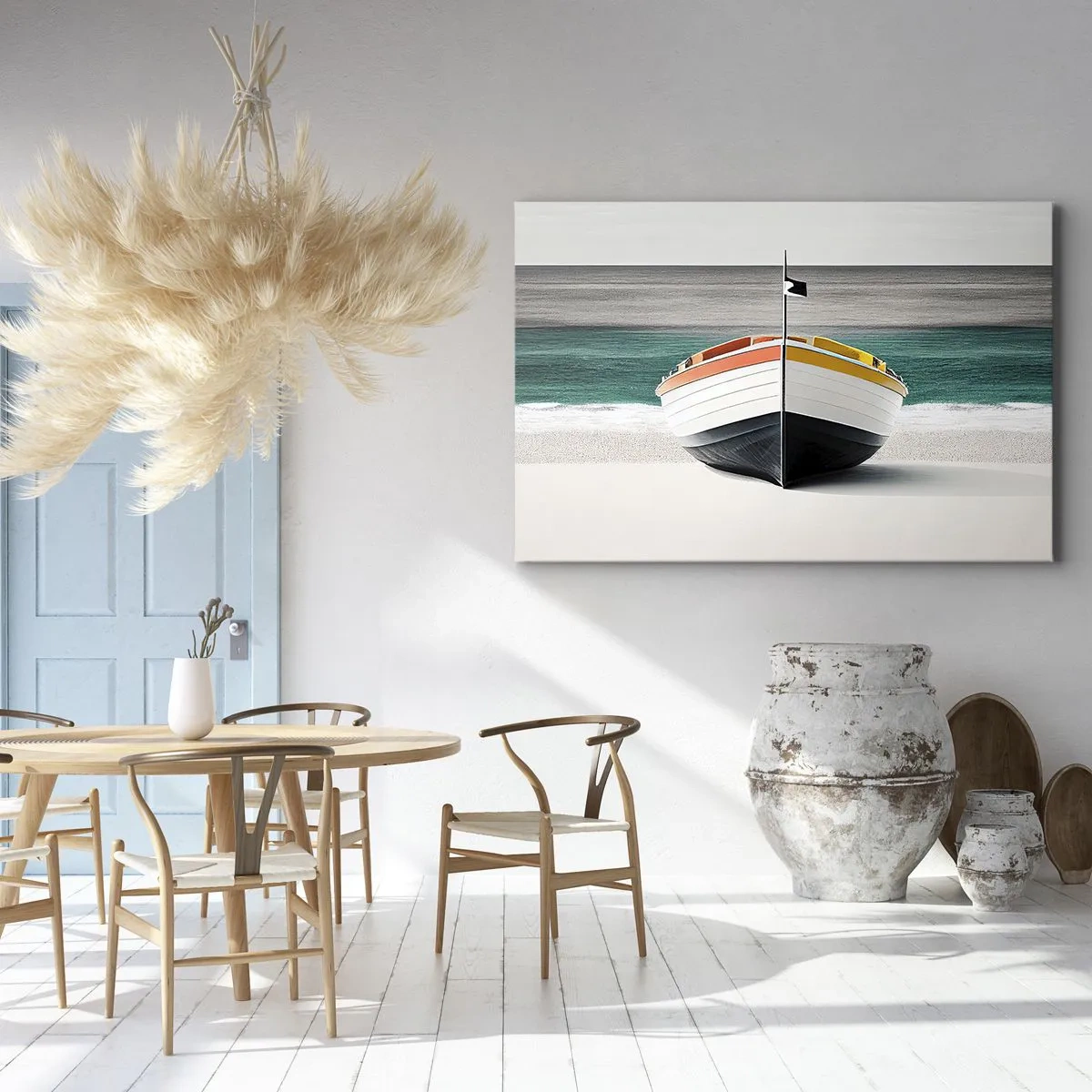 Vászonkép - Egy hajó a tengerparton, türkizkék tengerrel a háttérben - 70x50cm - A maga helyén - Modern fali dekoráció nappalihoz és hálószobához ARTTOR