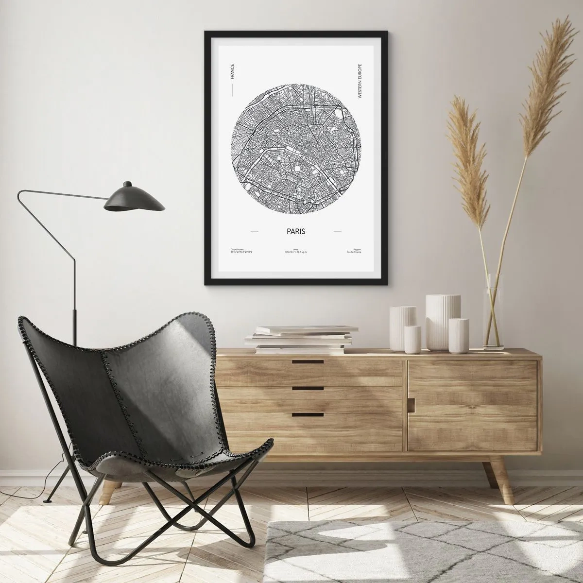 Poszter fehér keretben - Minimalista Párizs térképe körben - 50x70cm - Párizs anatómiája - Modern fali dekoráció nappalihoz és hálószobához ARTTOR