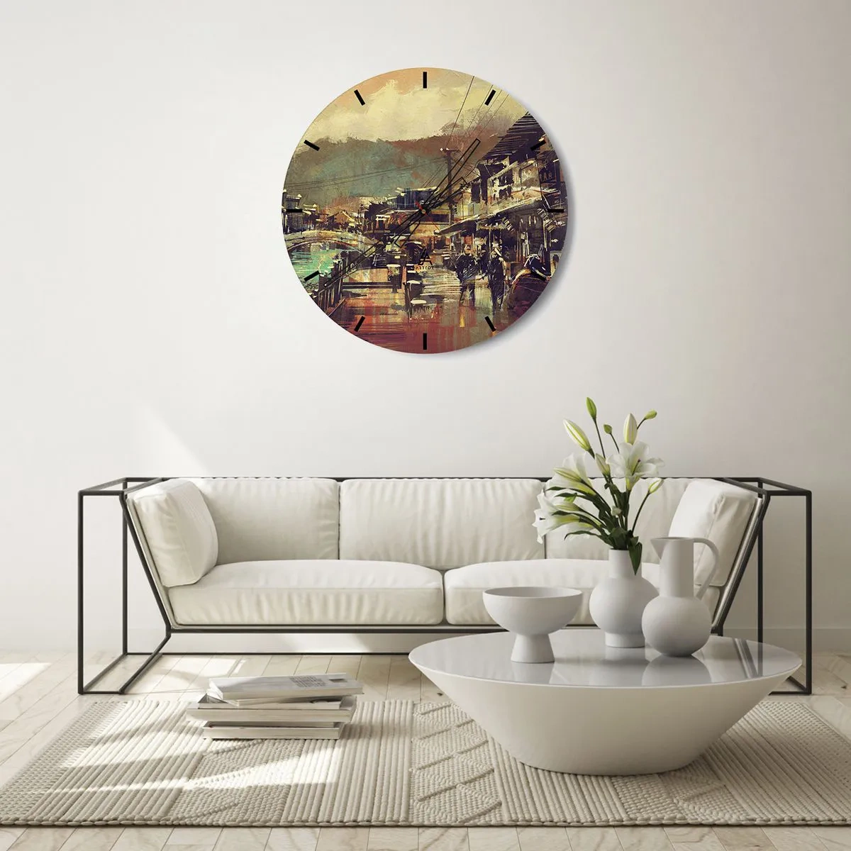 Falióra, Óra - Festői városi utcakép egy híddal és hegyekkel a háttérben. - 30x30cm - Az élet, mint a szürke gazdagság - Modern fali dekoráció nappalihoz, konyhához és hálószobához ARTTOR