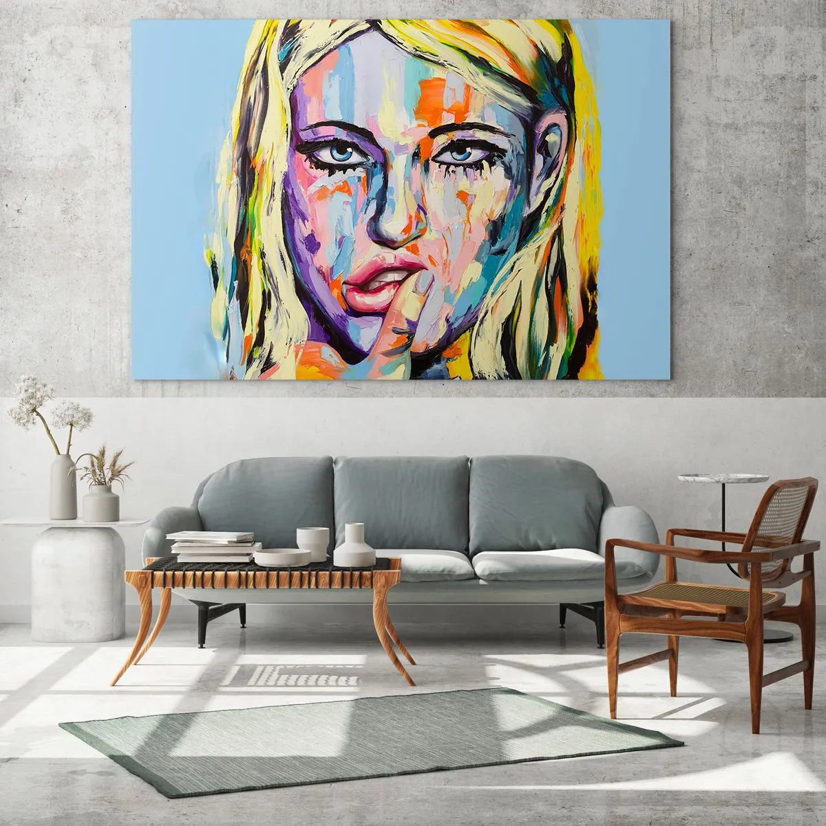 Üveg kép - Egy színes portré egy átgondolt arckifejezésű nőről - 70x50cm - Nézz egyenesen a szemébe - Modern fali dekoráció nappalihoz és hálószobához ARTTOR
