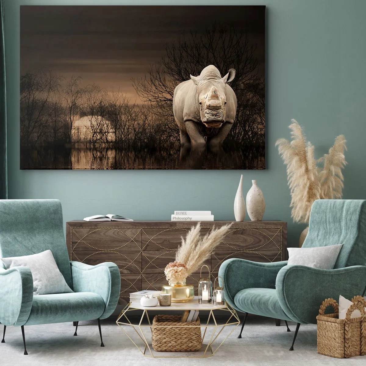 Vászonkép - Orrszarvú fák között naplementekor, vad természet. - 70x50cm - Fehér a természet ellen - Modern fali dekoráció nappalihoz és hálószobához ARTTOR