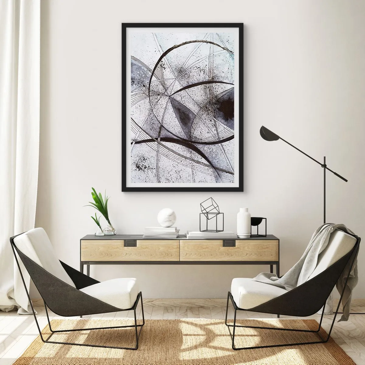 Poszter fehér keretben - Geometriai vonalak és körök absztrakt kompozíciója - 50x70cm - Futurisztikus fantázia - Modern fali dekoráció nappalihoz és hálószobához ARTTOR