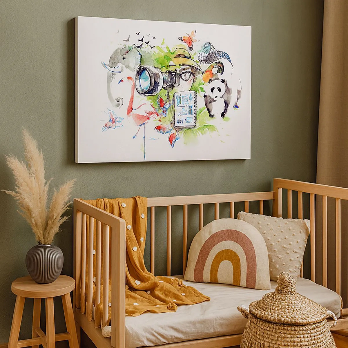 Vászonkép - Színes grafika természettel és szafari témákkal - 70x50cm - Az utazó lencséjében - Modern fali dekoráció nappalihoz és hálószobához ARTTOR