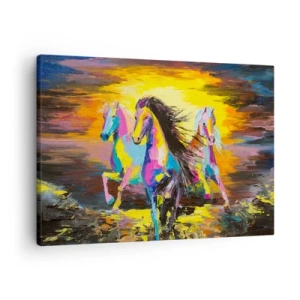 Vászonkép - Színes lovak vágtatnak a lenyugvó nap hátterében - 70x50cm - Elmerülve a szivárványban - Modern fali dekoráció nappalihoz és hálószobához ARTTOR