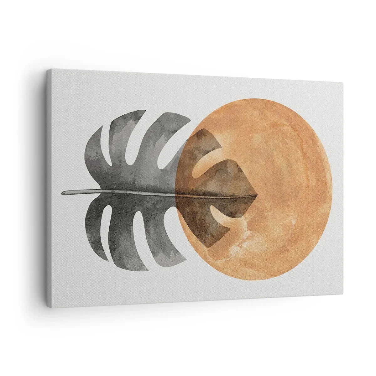 Vászonkép - Monstera levél és arany kör világos háttér előtt - 70x50cm - Mindig a nap - Modern fali dekoráció nappalihoz és hálószobához ARTTOR