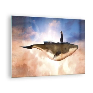 Üveg kép - Egy fantázia bálna lebeg a felhőkben, egy nővel a hátán. - 70x50cm - Legeslegreálisabb utazás - Modern fali dekoráció nappalihoz és hálószobához ARTTOR
