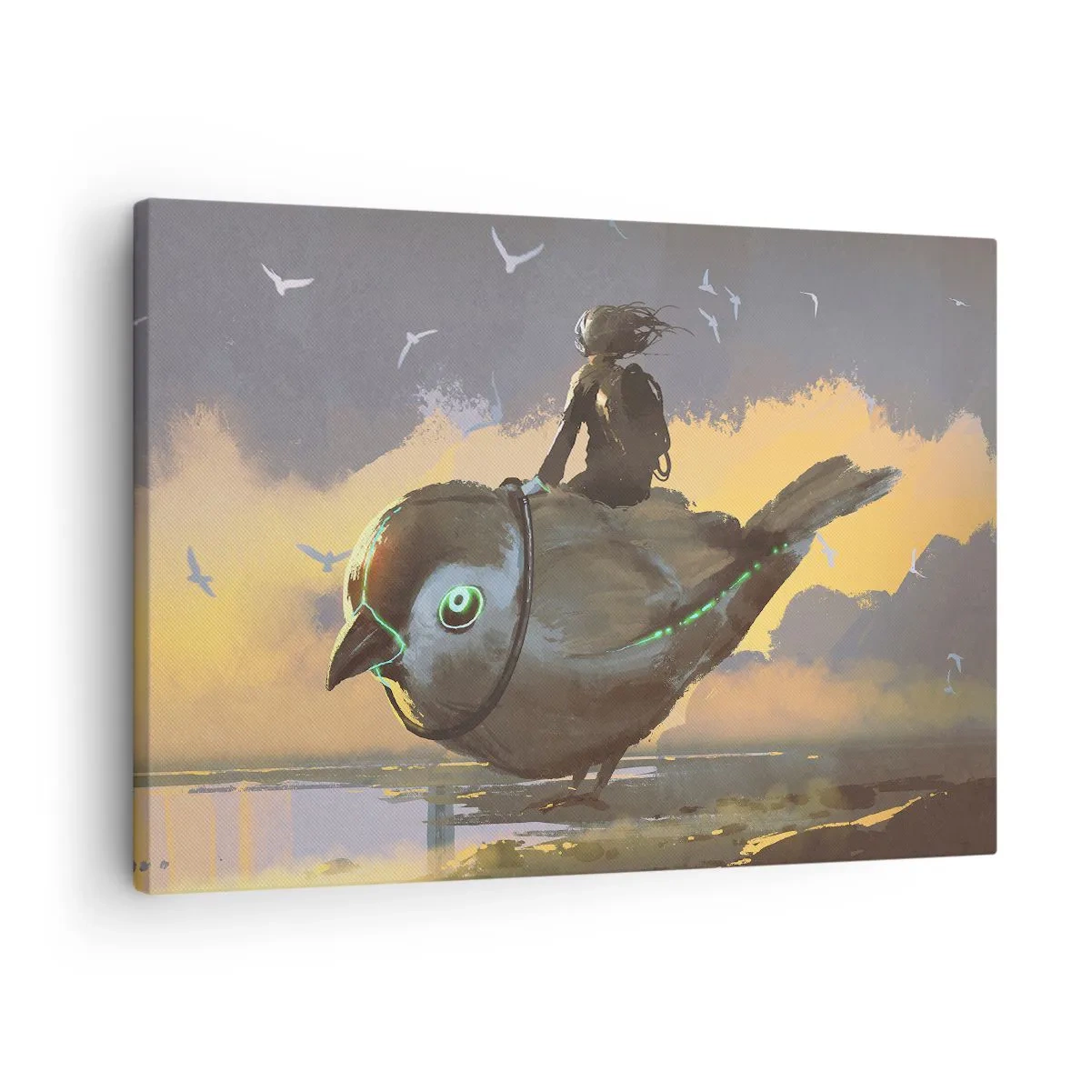 Vászonkép - Lovas egy óriási madár hátán egy szürreális tájban - 70x50cm - Egy fantasztikus utazás állomása - Modern fali dekoráció nappalihoz és hálószobához ARTTOR