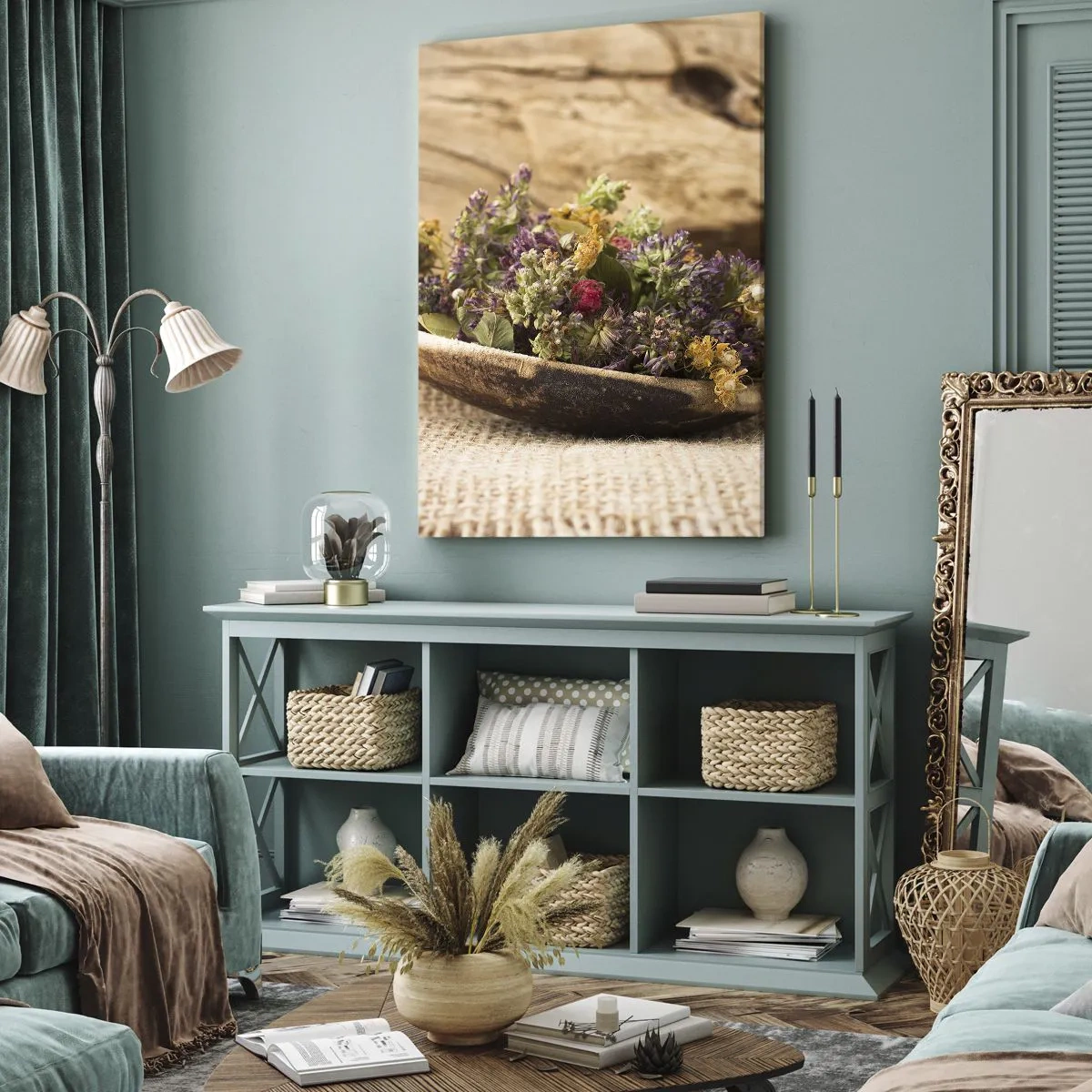 Vászonkép - Színes virágok és illatos gyógynövények - 65x120 cm