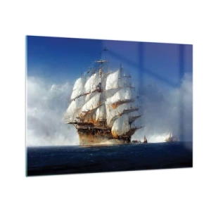 Üveg kép - Egy vitorlás hajó a nyílt tengeren a tengeri köd közepette - 70x50cm - The great glory! - Modern fali dekoráció nappalihoz és hálószobához ARTTOR