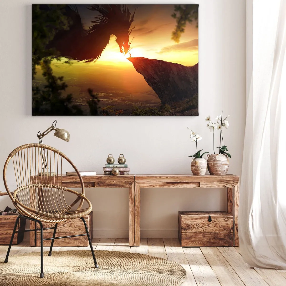 Vászonkép - Egy sárkány és egy férfi egy sziklán a lenyugvó nap fényében - 70x50cm - Sárkányölő - Modern fali dekoráció nappalihoz és hálószobához ARTTOR