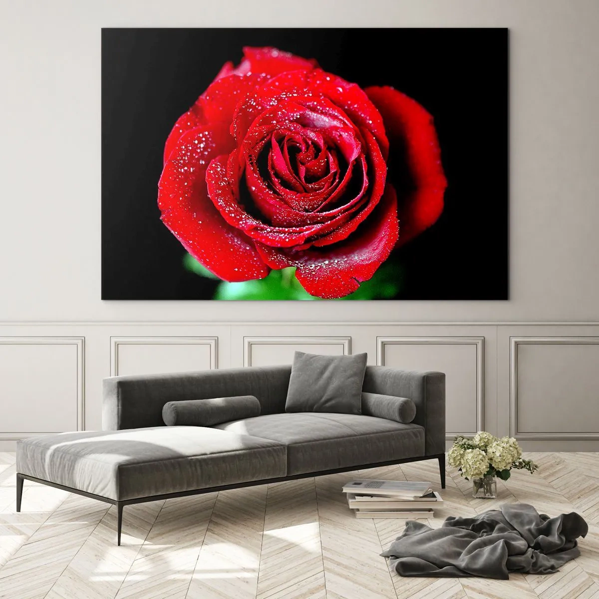 Üveg kép - Egy vörös rózsa, sötét háttér előtt harmatcseppekkel borítva - 70x50cm - Ez szerelem - Modern fali dekoráció nappalihoz és hálószobához ARTTOR